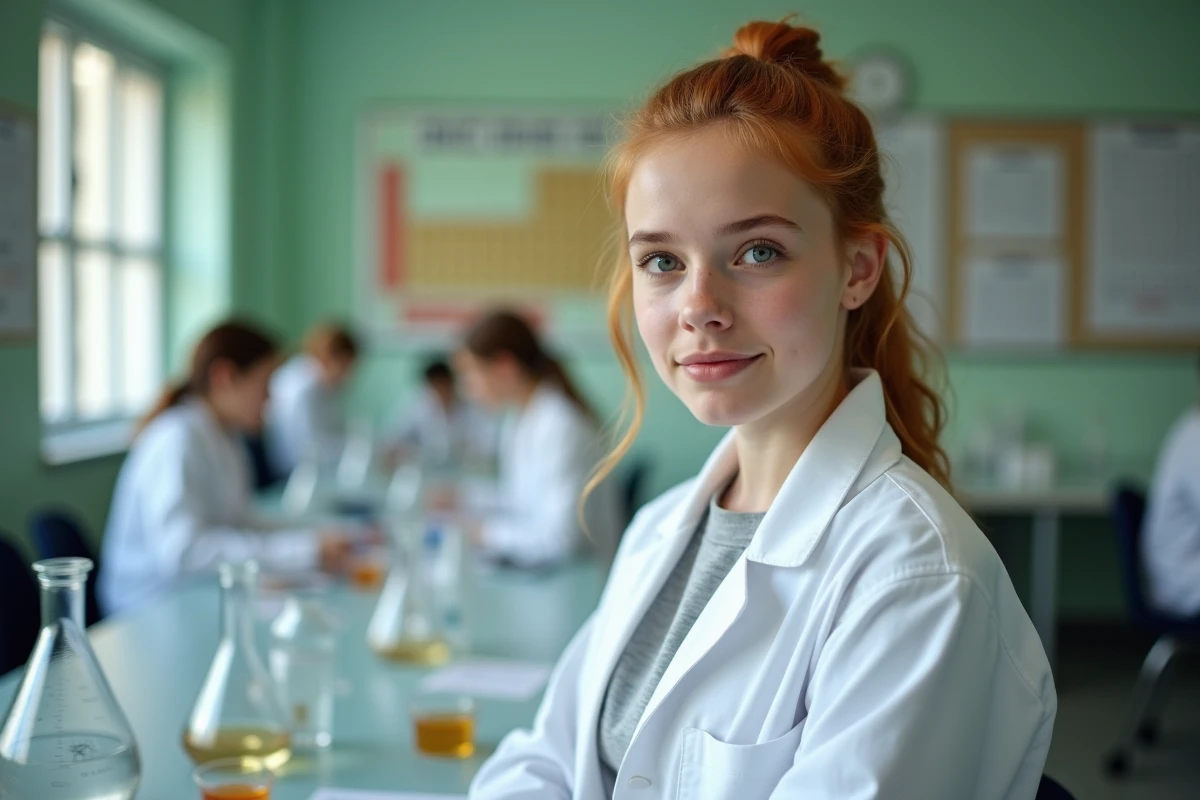 Adolescente de 16 ans en blouse blanche réalisant une expérience de chimie dans un laboratoire scolaire, symbolisant les formations scientifiques disponibles après la troisième