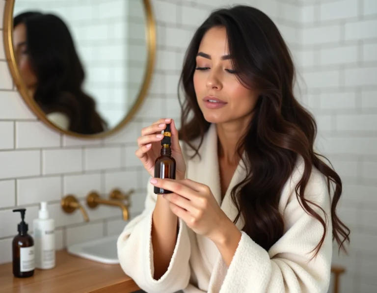 Femme appliquant du Vermogal sérum capillaire sur ses cheveux devant un miroir de salle de bain moderne