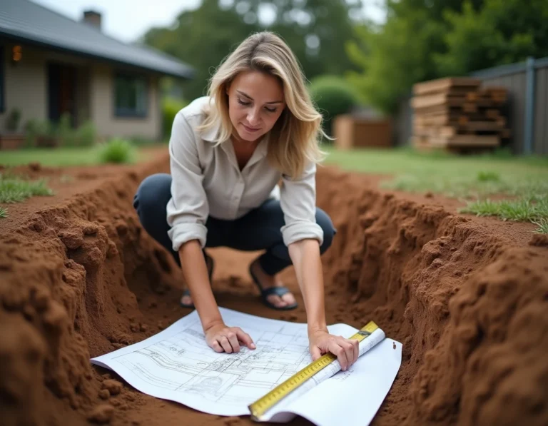 Architecte paysagiste étudiant les plans et dimensions d'une terrasse enterrée en cours de construction dans un jardin résidentiel