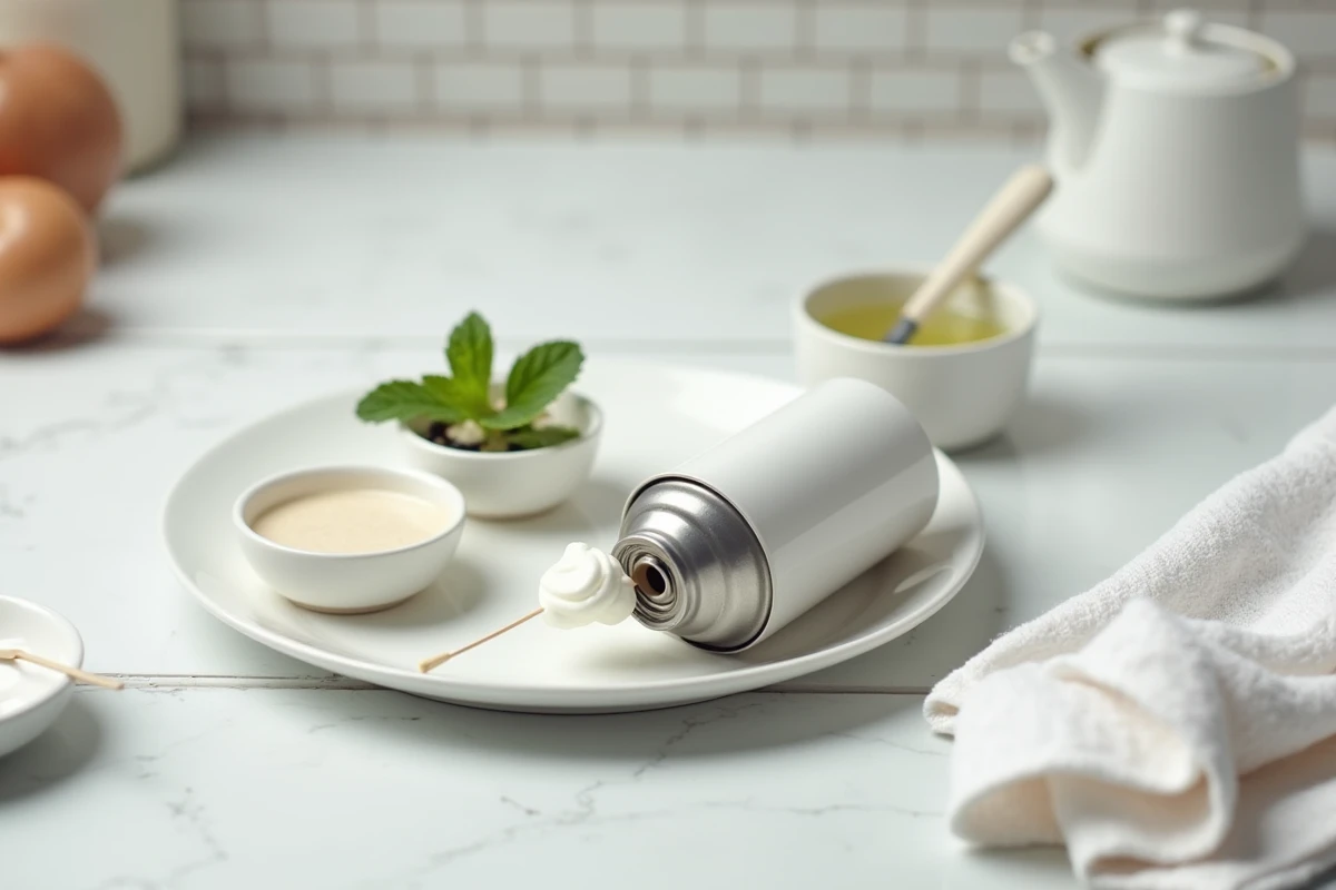 Bombe de chantilly posée sur une assiette blanche avec bol d'eau tiède et cure-dent pour débloquer la buse, vue de dessus sur un plan de travail de cuisine