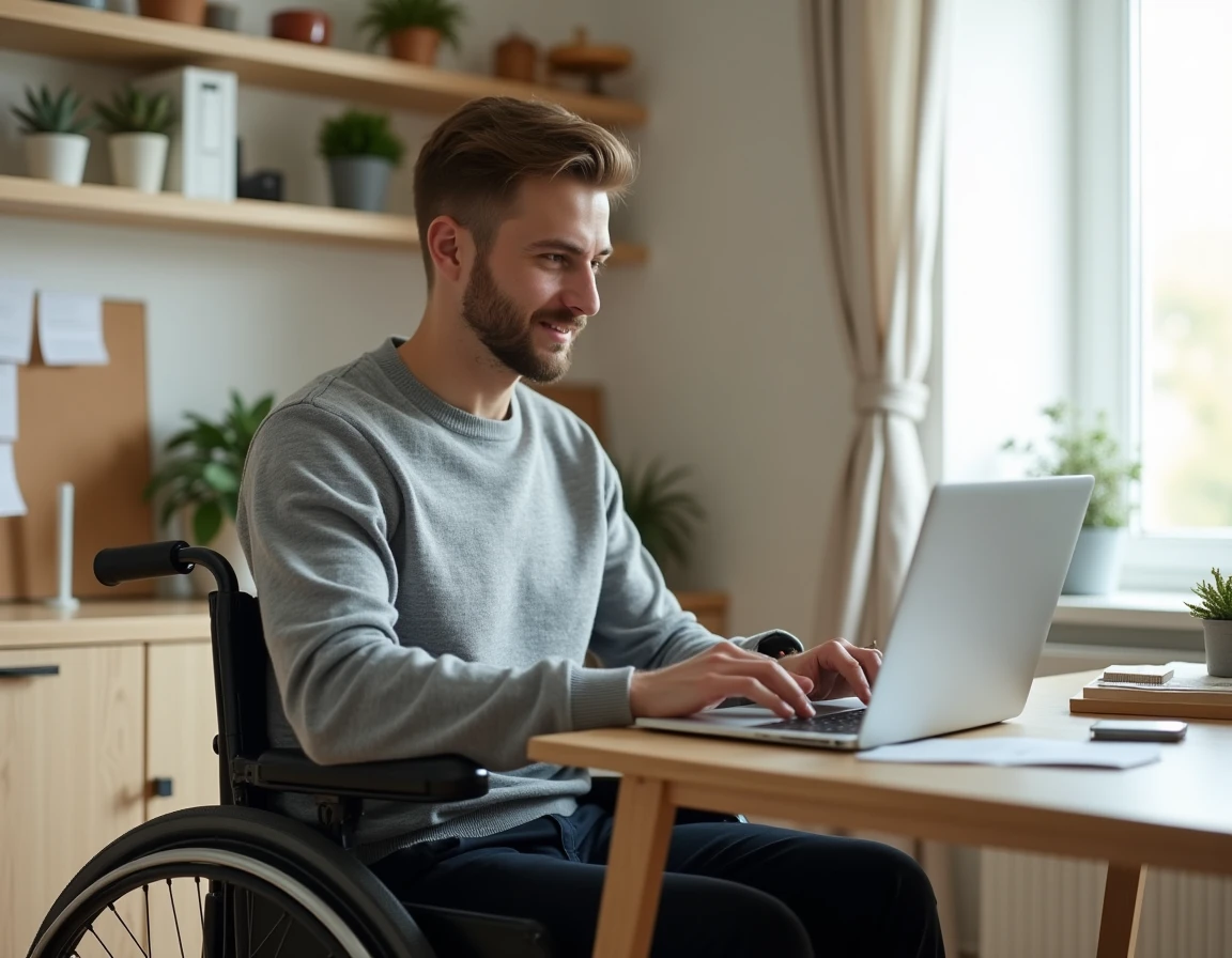 Jeune homme en fauteuil roulant candidate à des offres d'emploi inclusives depuis son bureau à domicile moderne