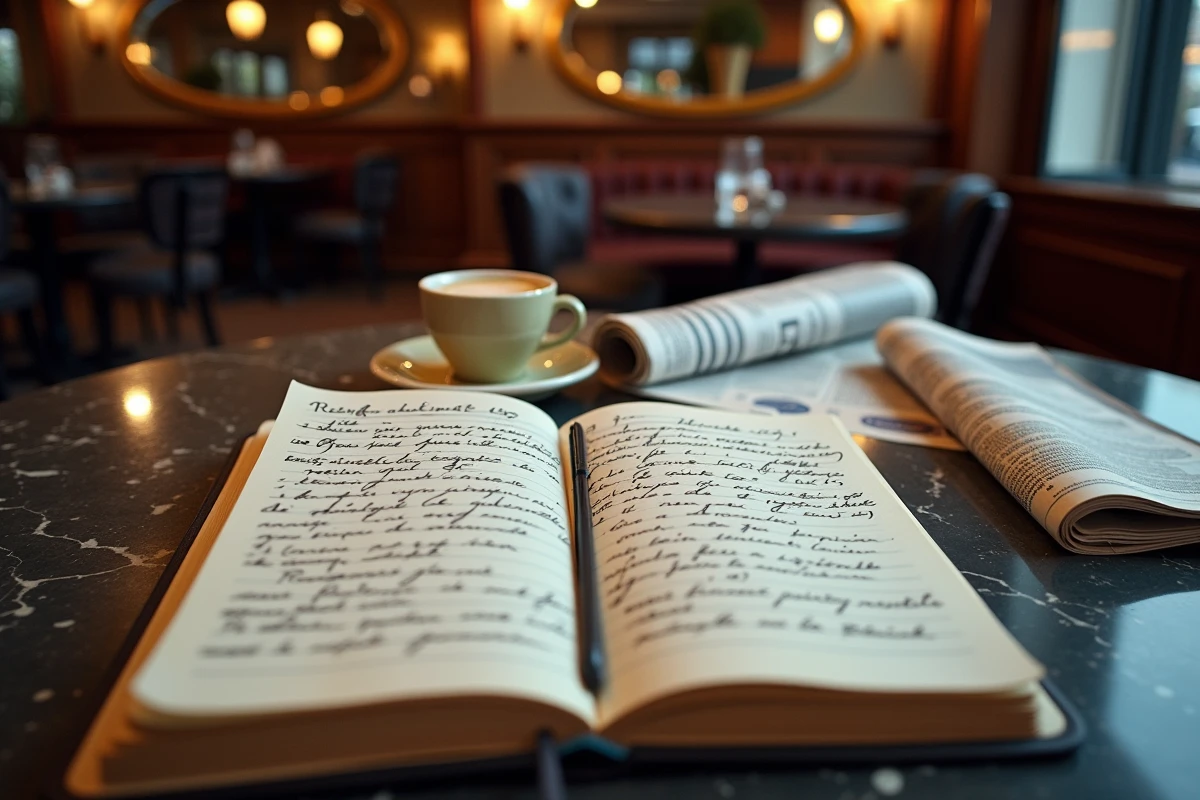 Carnet de notes journalistiques ouvert sur une table de café français avec un journal et un expresso