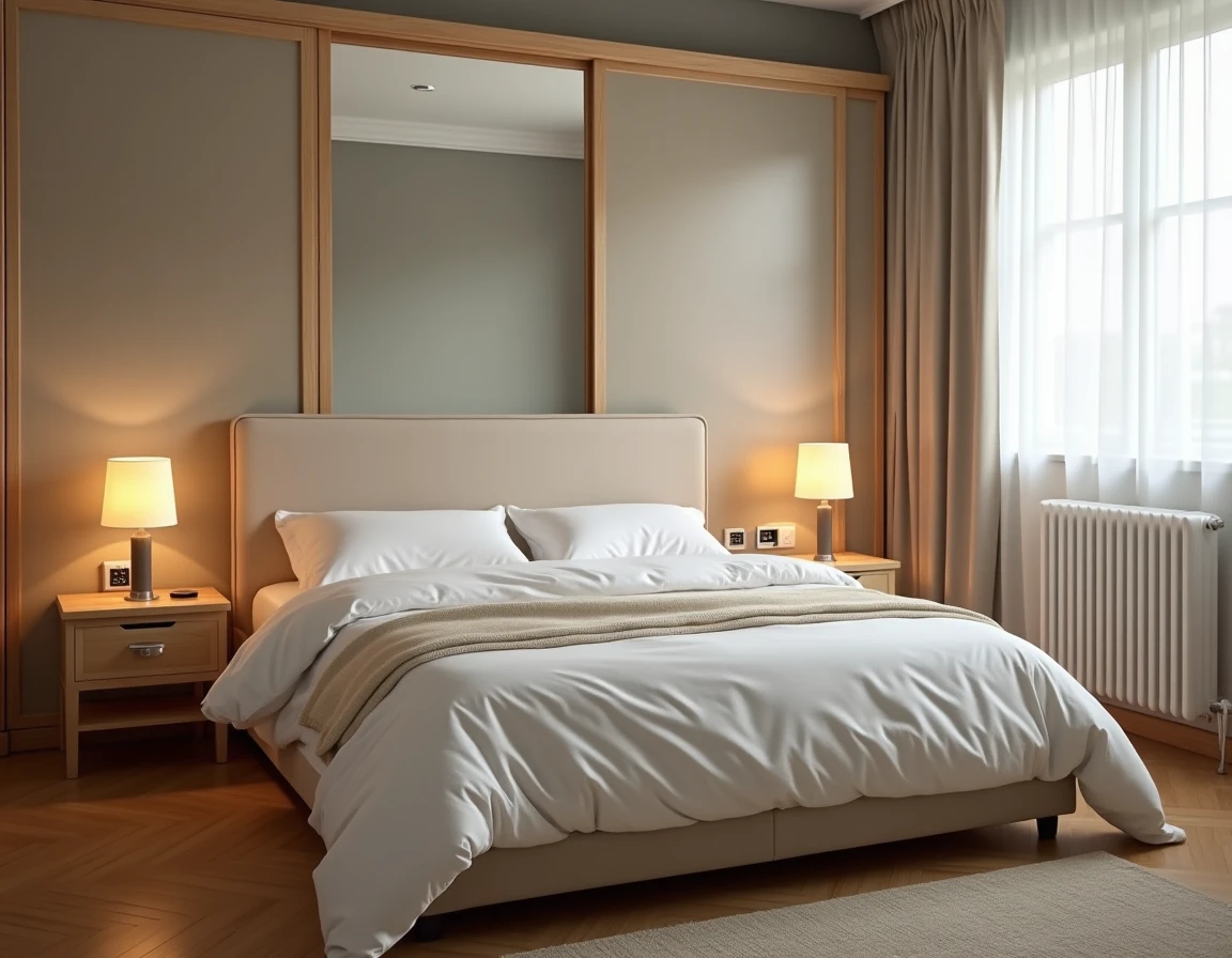 Chambre à coucher équipée avec lit rembourré, tables de nuit et armoire à portes miroir pour un logement confortable