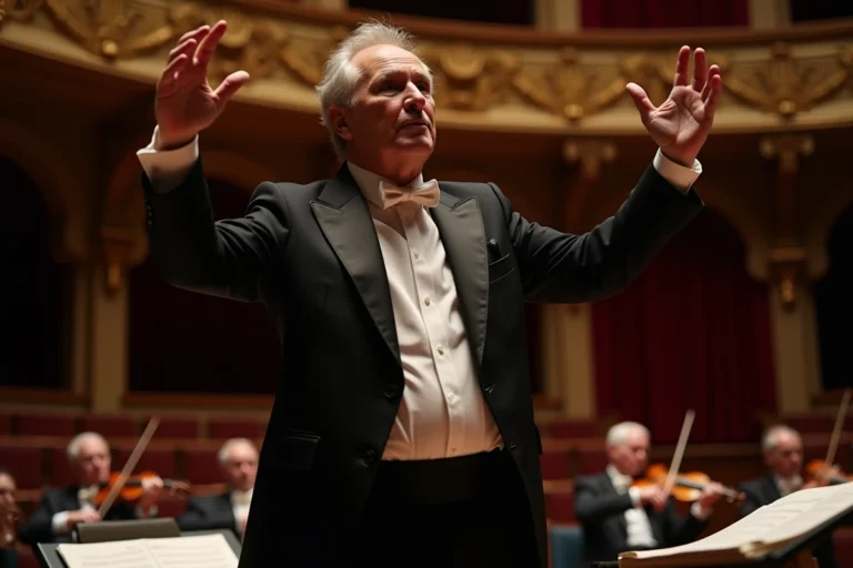 Chef d'orchestre passionné dirigeant un opéra de Verdi sur la scène d'un grand théâtre européen