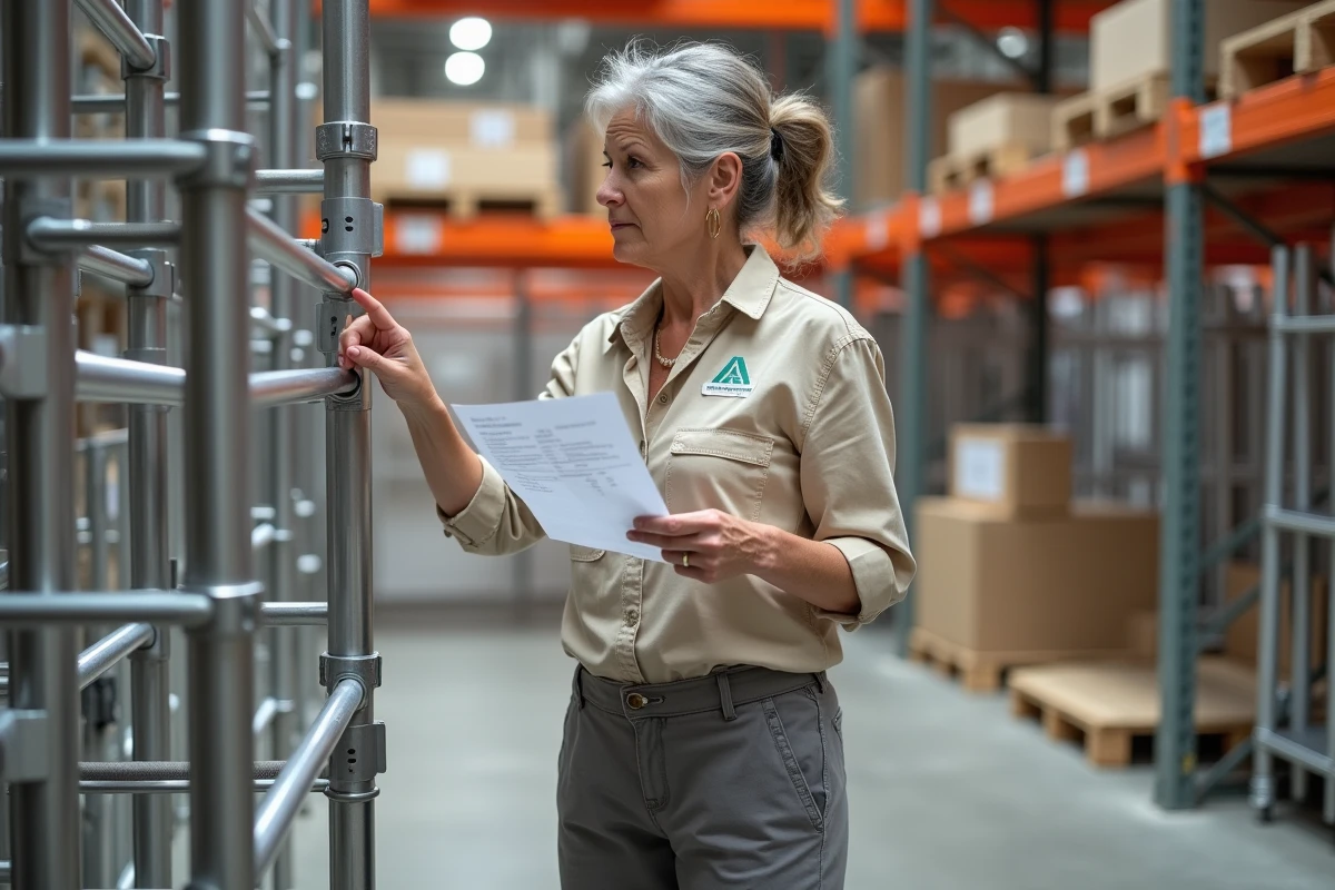 Cliente inspectant les marquages de hauteur d'un échafaudage de location en magasin Leroy Merlin