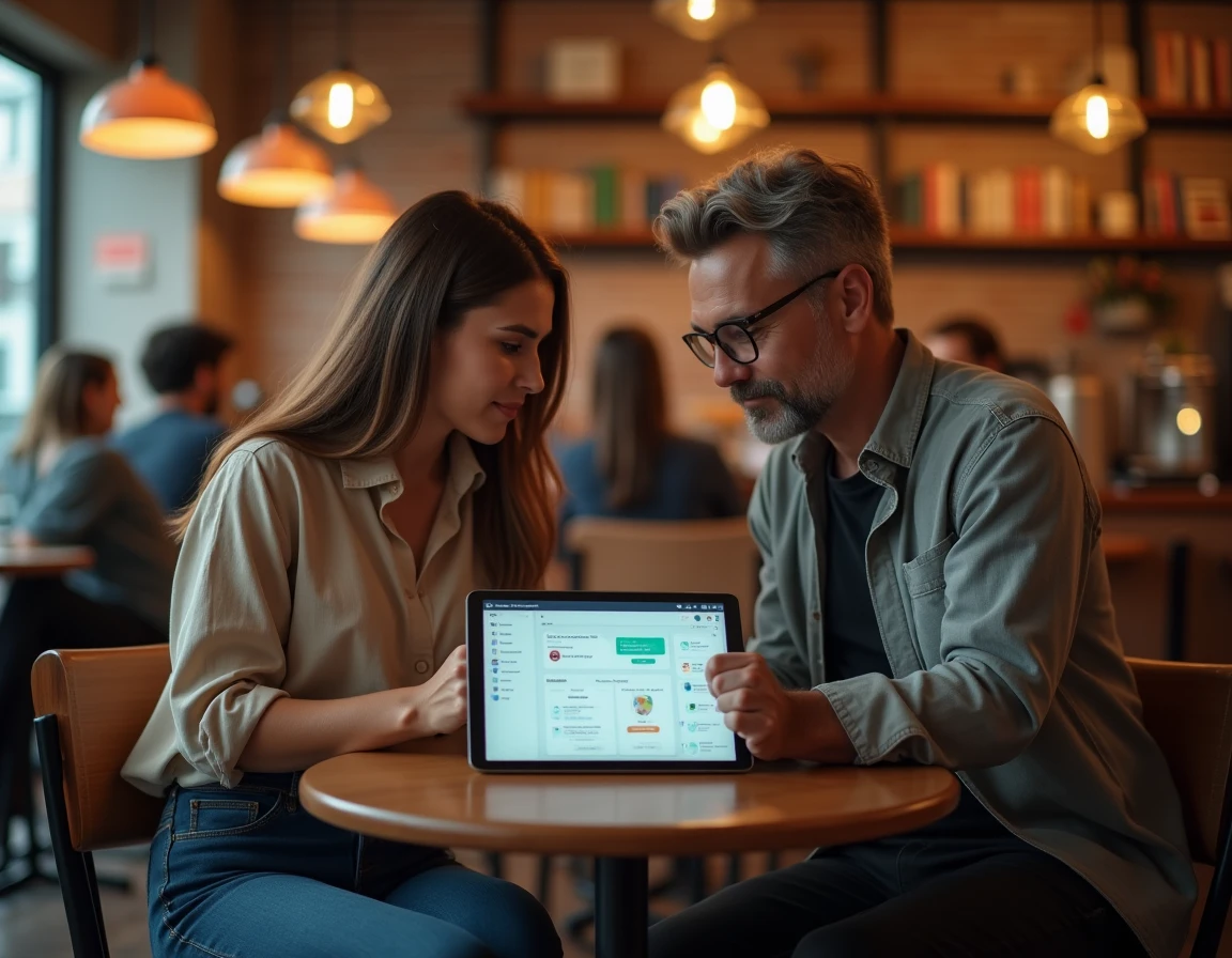 Deux professionnels collaborant sur un programme de formation innovant via une tablette dans un café