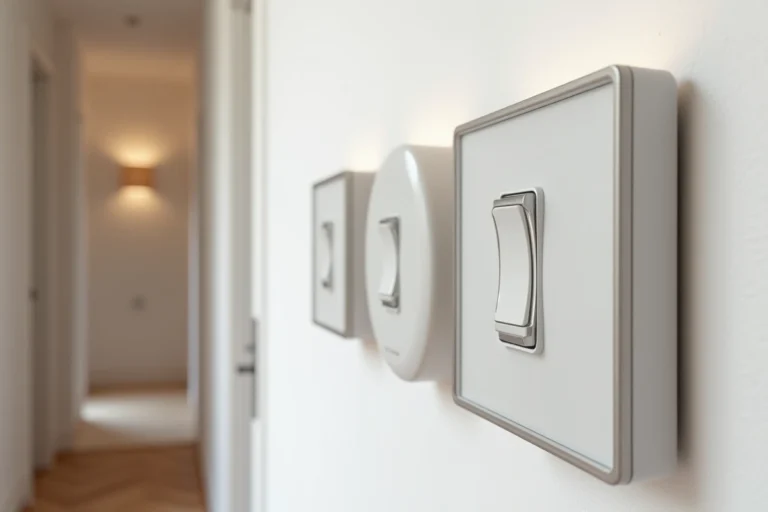 Comparatif de trois interrupteurs design installés sur un mur blanc — gammes Legrand Céliane, Mosaic et Neptune en détail