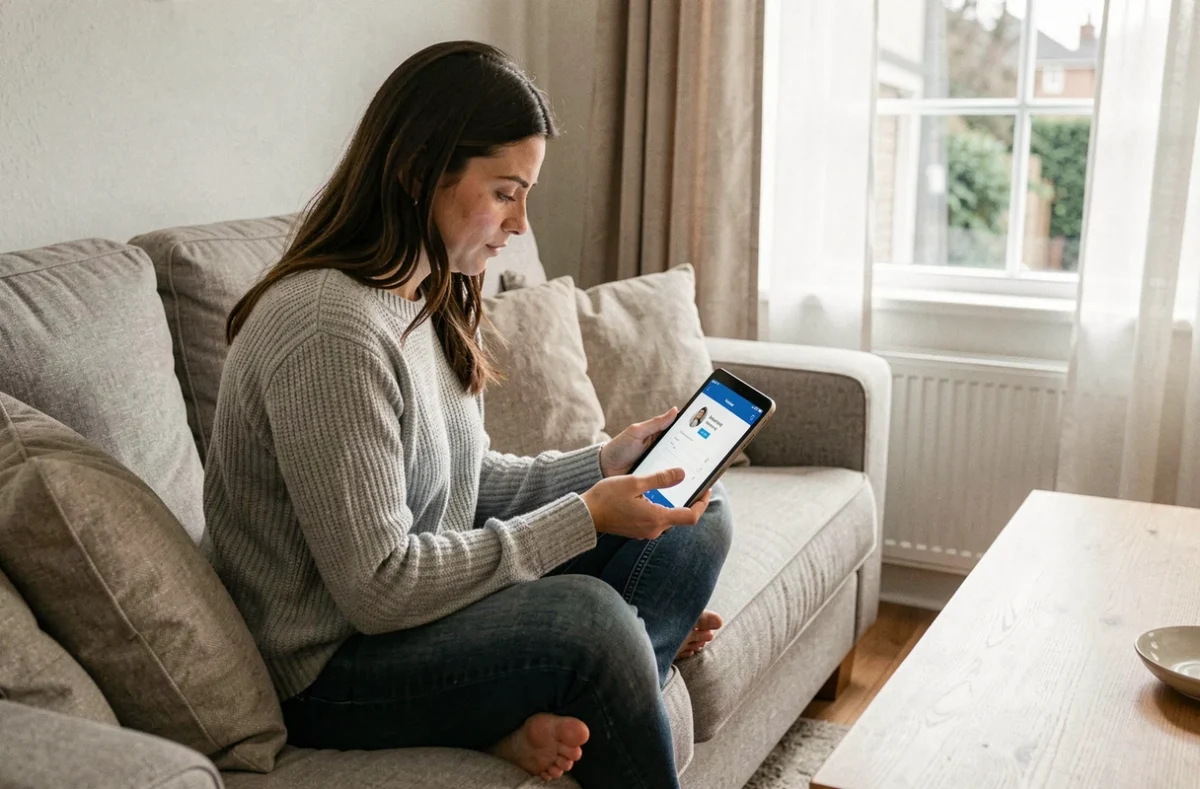 Femme utilisant une tablette pour contacter un service client depuis son salon confortablement installée