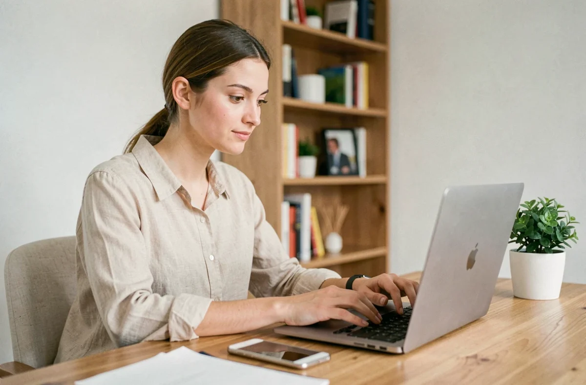 Femme contactant un service client en ligne via laptop et smartphone depuis son bureau à domicile