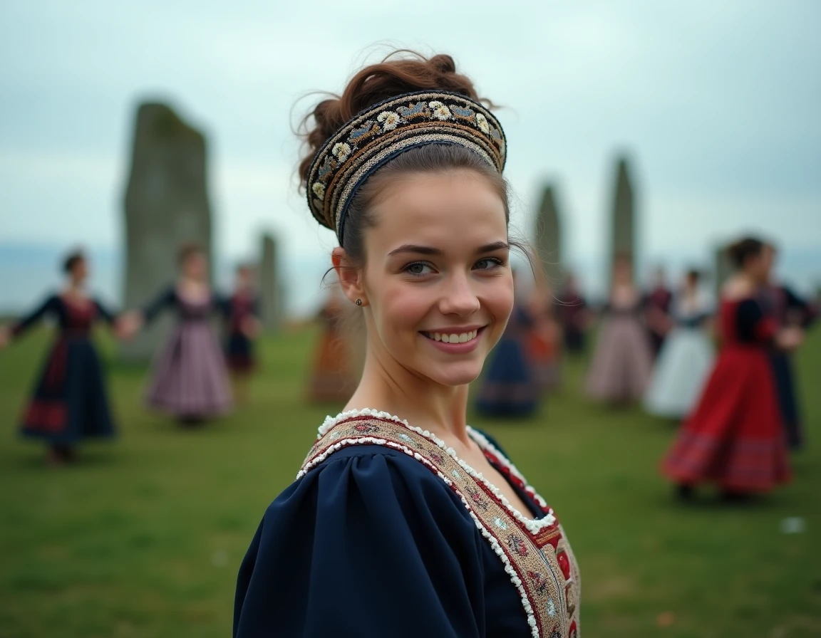 Jeune femme en costume traditionnel breton lors d'un Fest-Noz près de menhirs en Bretagne