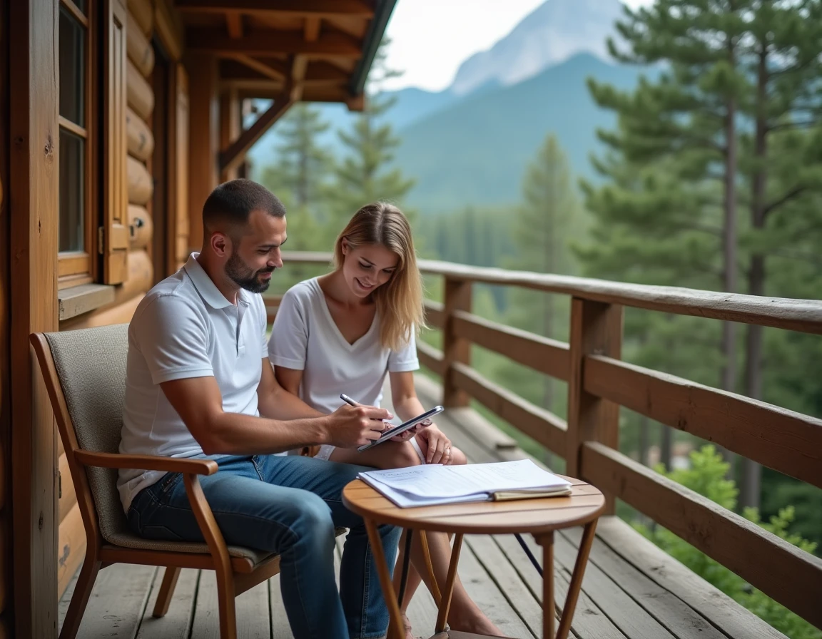 Couple consultant des documents d'assurance villégiature sur la terrasse d'un chalet de montagne