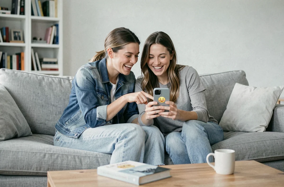 Couple qui rit en regardant ensemble des emojis amour sur un smartphone dans un salon moderne