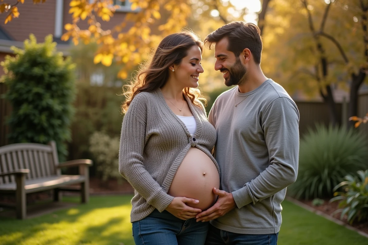 Couple heureux dans un jardin en automne avec femme enceinte