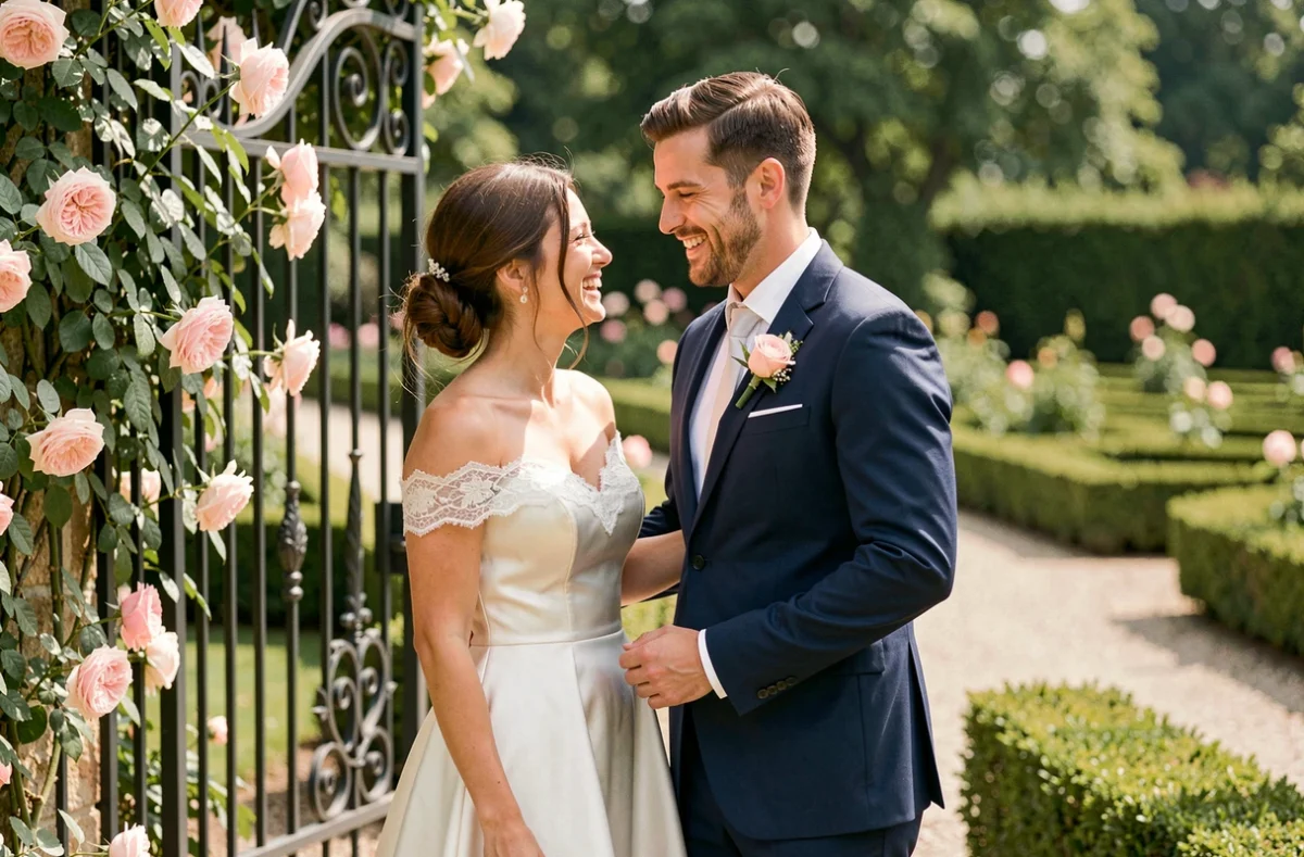 Couple de mariés souriants dans un jardin à la française lors d'un mariage élégant et personnalisé