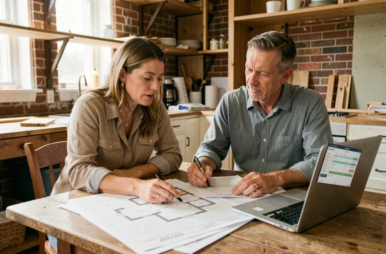 Couple examinant des plans de rénovation et des documents de financement immobilier à une table en bois dans une cuisine en travaux