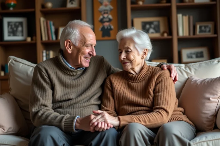 Couple senior assis sur un sofa vintage en souvenir d'une perte