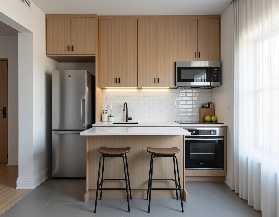 Cuisine moderne équipée avec réfrigérateur, four encastré et plan de travail en quartz dans un appartement