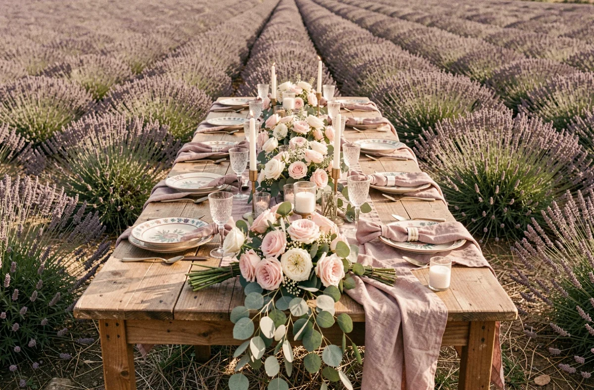 Table de mariage décorée sur mesure dans un champ de lavande en Provence avec vaisselle artisanale et fleurs fraîches