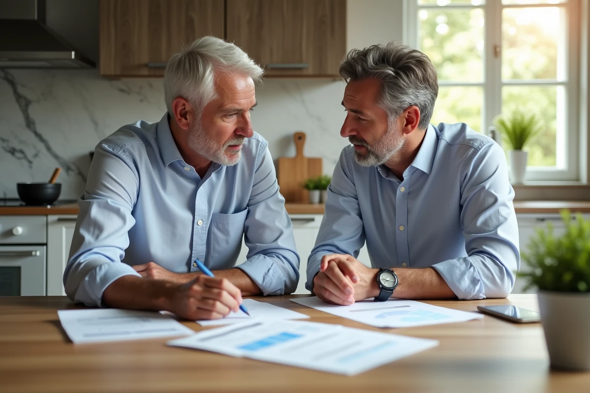 Deux hommes discutant de documents financiers à la maison