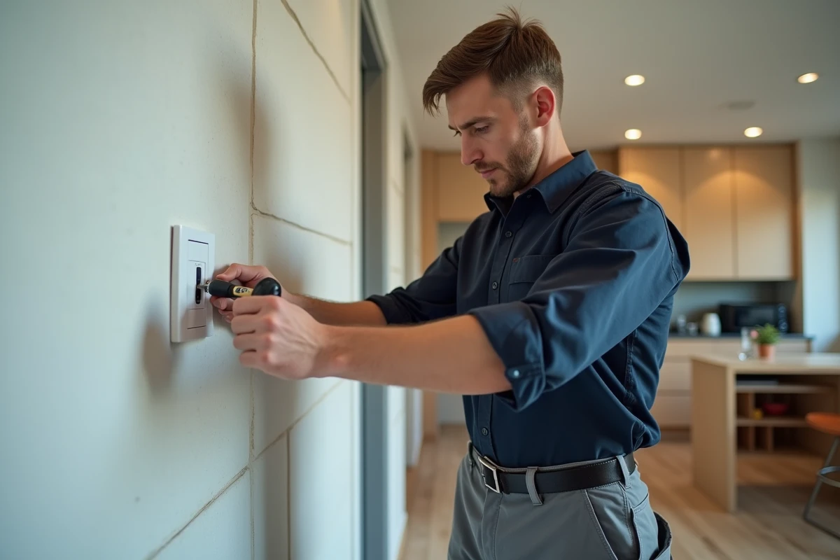 Électricien professionnel en train d'installer un interrupteur Legrand sur un mur blanc dans une maison en rénovation