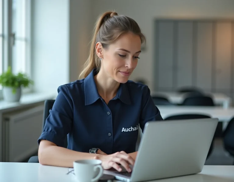 Employée Auchan connectée à son espace personnel hr4you sur un ordinateur portable dans une salle de pause professionnelle