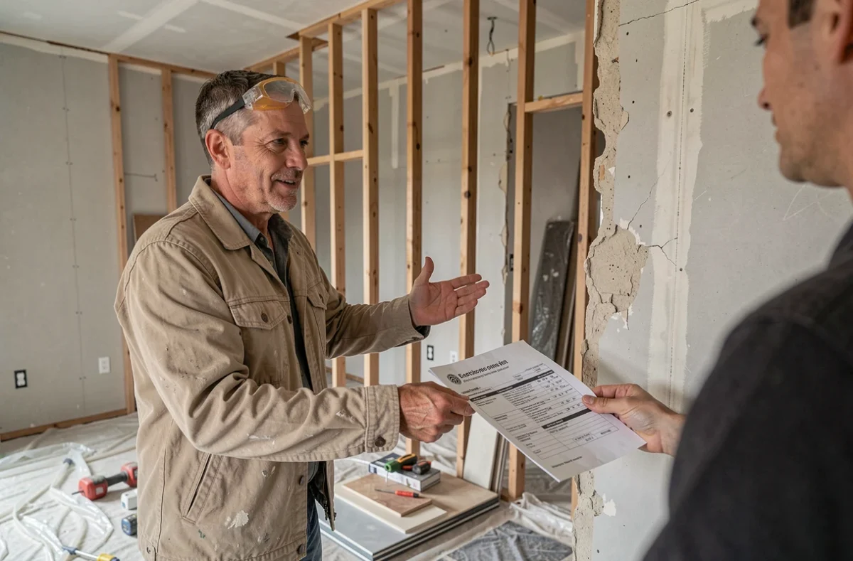 Entrepreneur en bâtiment remettant un devis de travaux de rénovation à un propriétaire dans une pièce en cours de chantier