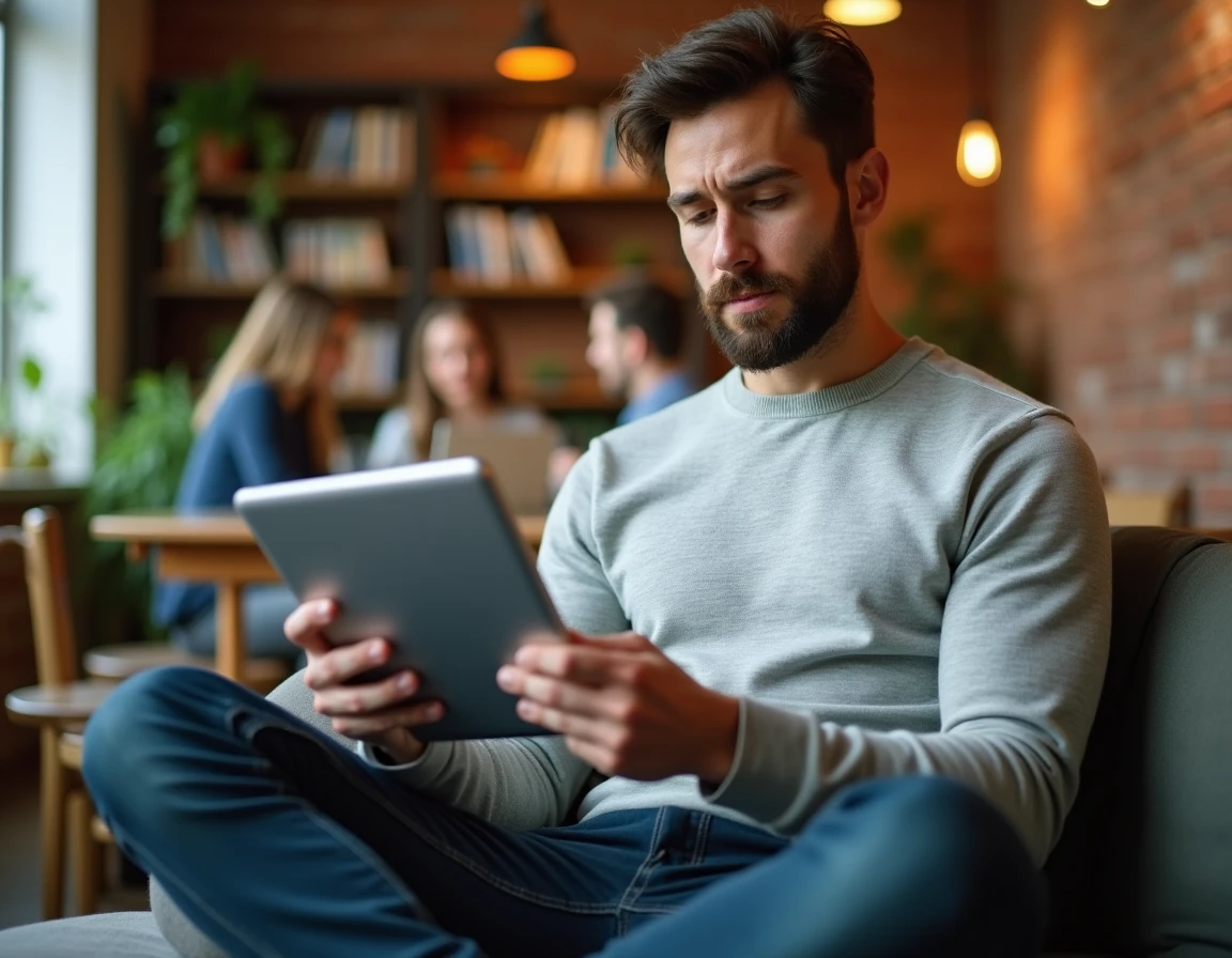 Jeune entrepreneur lisant des avis utilisateurs sur une tablette dans un espace de coworking, illustrant la recherche de confiance et d'alternatives à Adivak