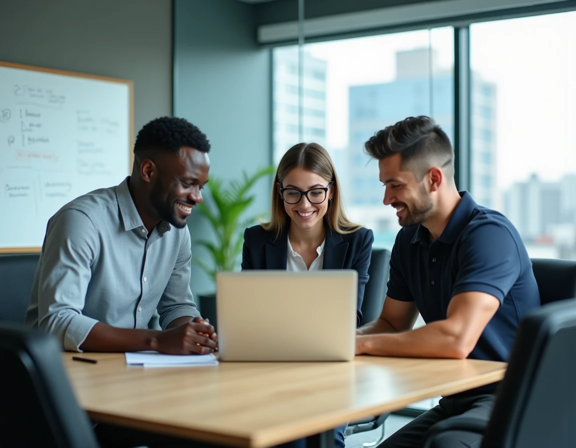 Groupe de professionnels diversifiés collaborant autour d'offres d'emploi inclusives dans une salle de réunion moderne