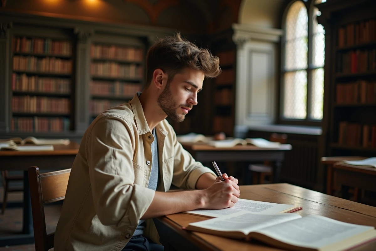 Étudiant en musique consultant des partitions d'opéras de Verdi dans une bibliothèque académique