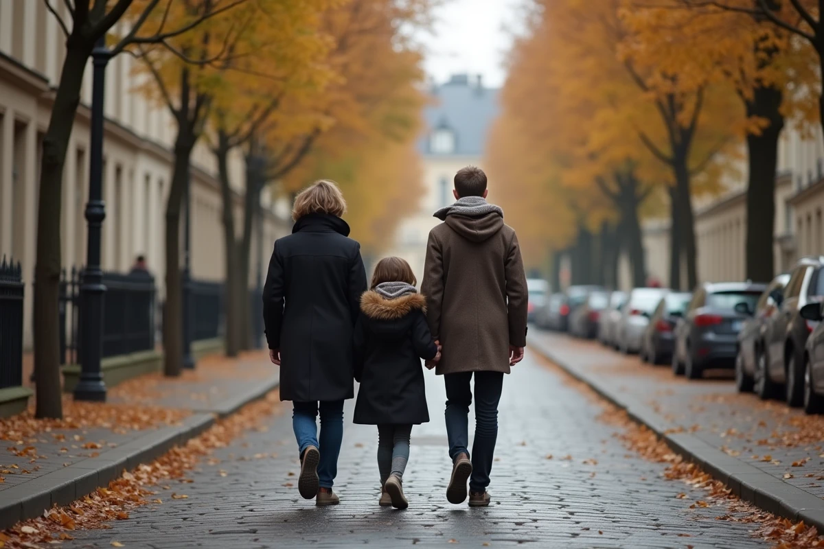 Silhouette floue d'une famille marchant discrètement dans une rue résidentielle parisienne en automne