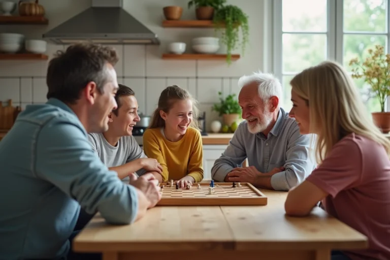 Famille multigenerational jouant à un jeu de société dans la cuisine