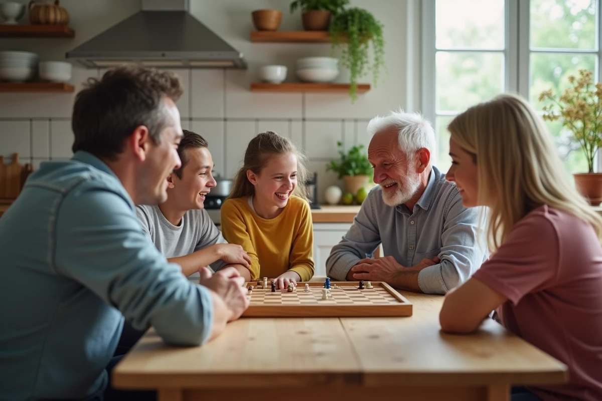 Famille multigenerational jouant à un jeu de société dans la cuisine