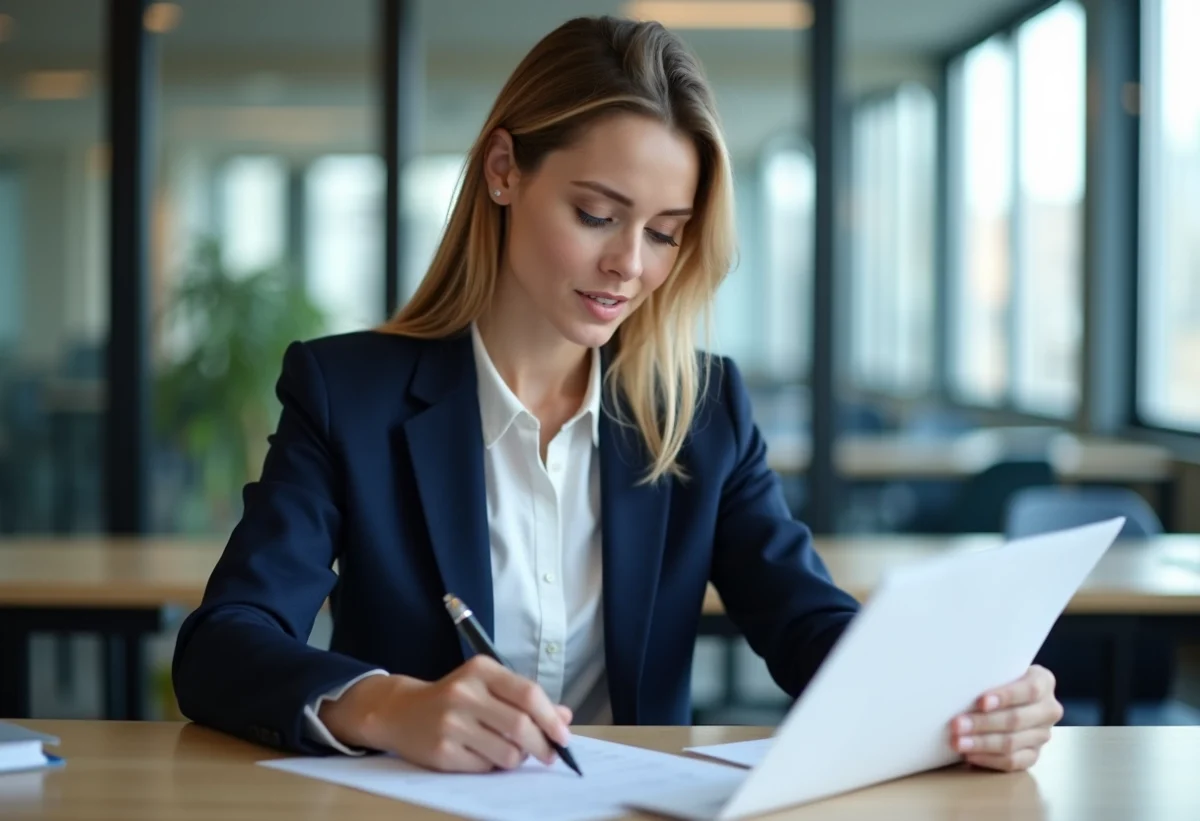 Femme d affaires en blazer navy dans un bureau moderne