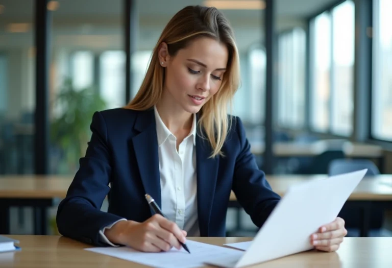 Femme d affaires en blazer navy dans un bureau moderne