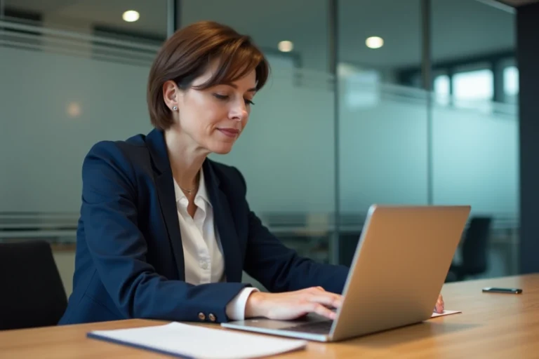 Femme d'affaires concentrée sur son ordinateur dans un bureau moderne