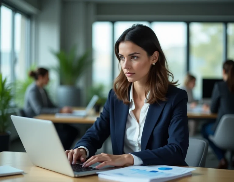 Femme professionnelle analysant des données financières sur un ordinateur portable dans un bureau moderne, illustrant la prise de décision autour d'Adivak en 2026