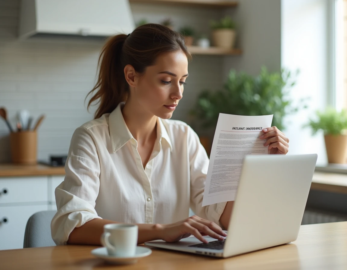 Femme consultant une attestation d'assurance villégiature sur son ordinateur portable à la maison