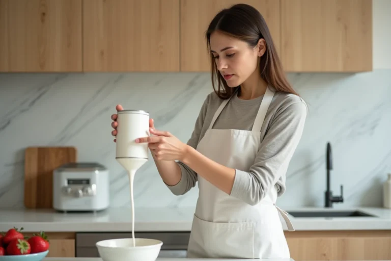 Femme en tablier blanc tenant une bombe de chantilly bloquée au-dessus d'un bol dans une cuisine moderne avec plan de travail en marbre