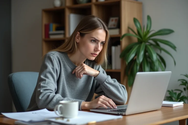 Jeune femme frustrée devant un ordinateur portable au bureau