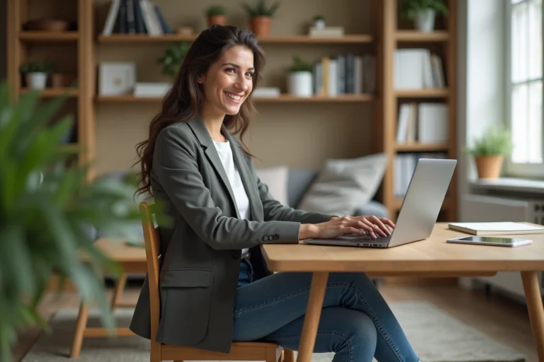 Femme en blazer et jeans travaillant à domicile