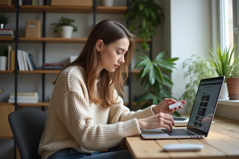 Femme assise à son bureau branchant une clé USB sur son ordinateur