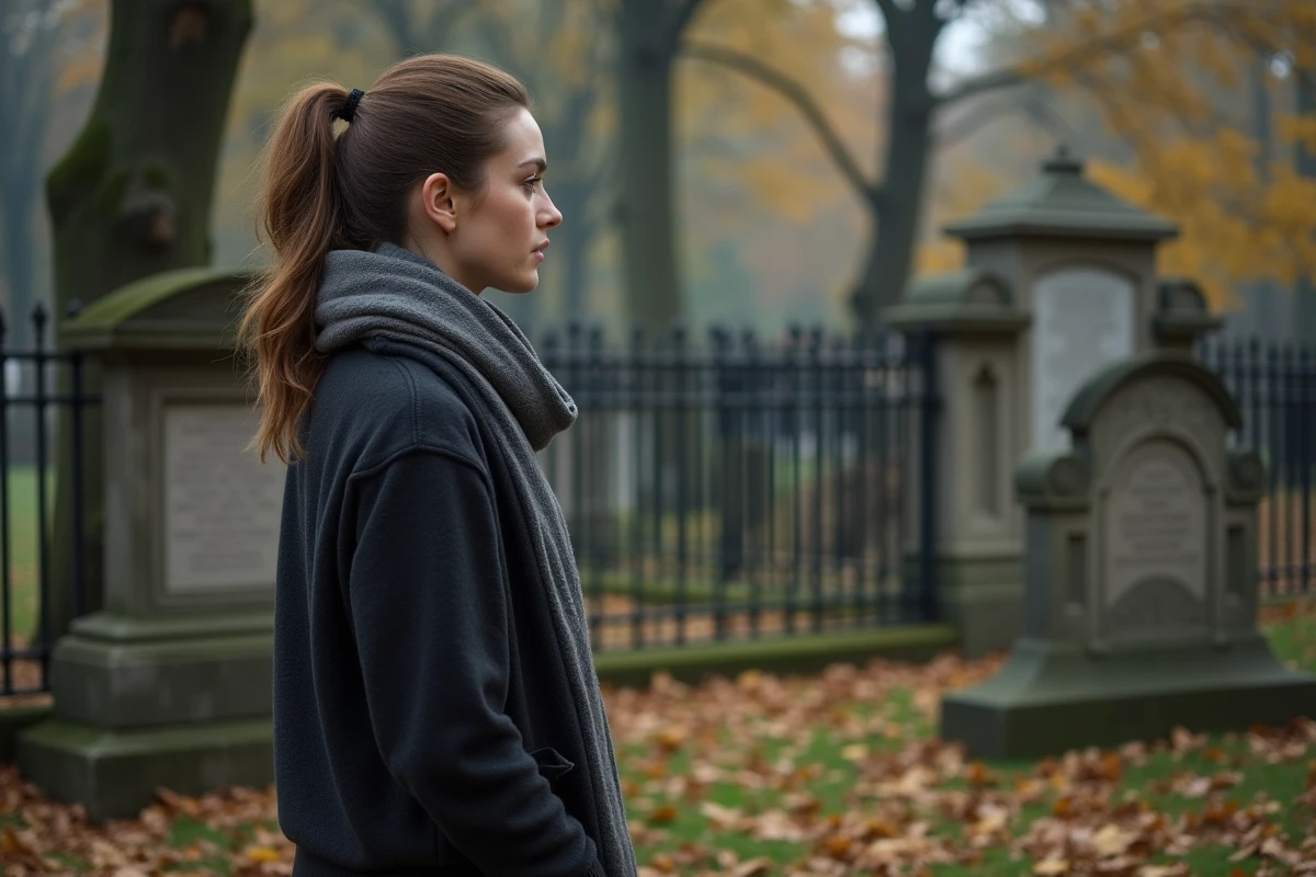 Jeune femme dans un cimetière en souvenir d