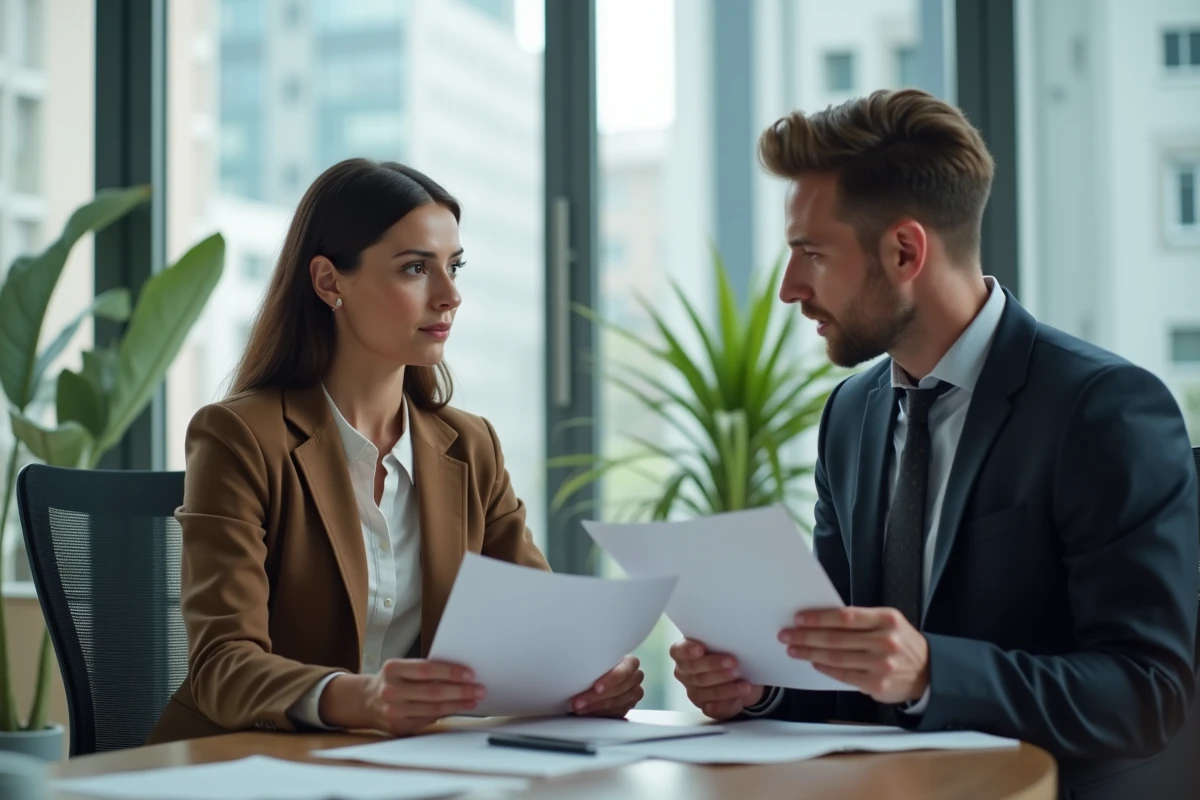 Femme confiante en réunion avec un professionnel dans un bureau lumineux