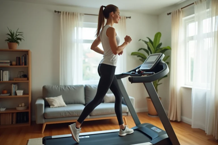 Femme courant sur un tapis de course à la maison