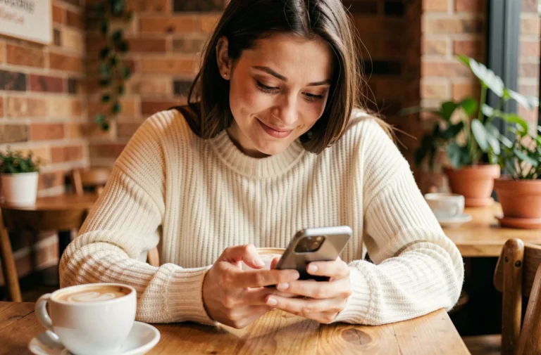 Jeune femme souriante qui envoie des emojis romantiques sur son smartphone dans un café cosy