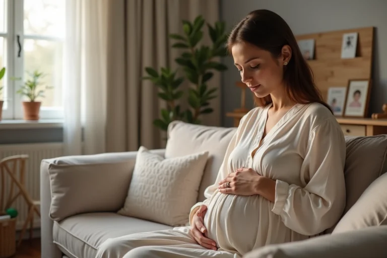 Femme enceinte assise sur un canapé dans un intérieur chaleureux