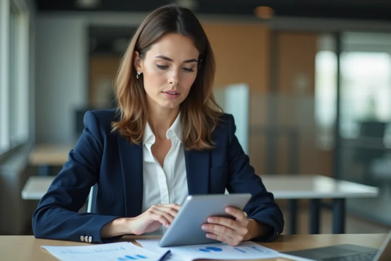 Femme d'affaires analysant des graphiques financiers sur une tablette