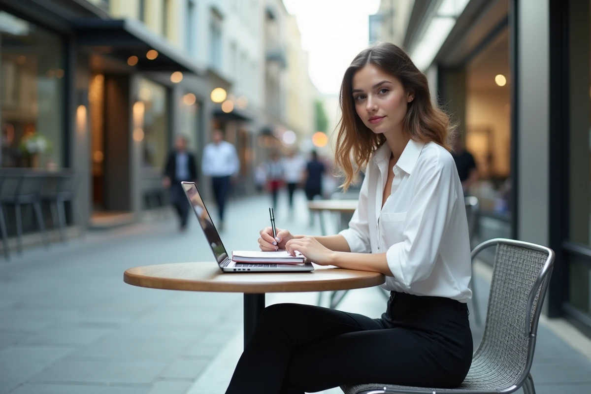 Jeune femme en tenue décontractée à un café urbain