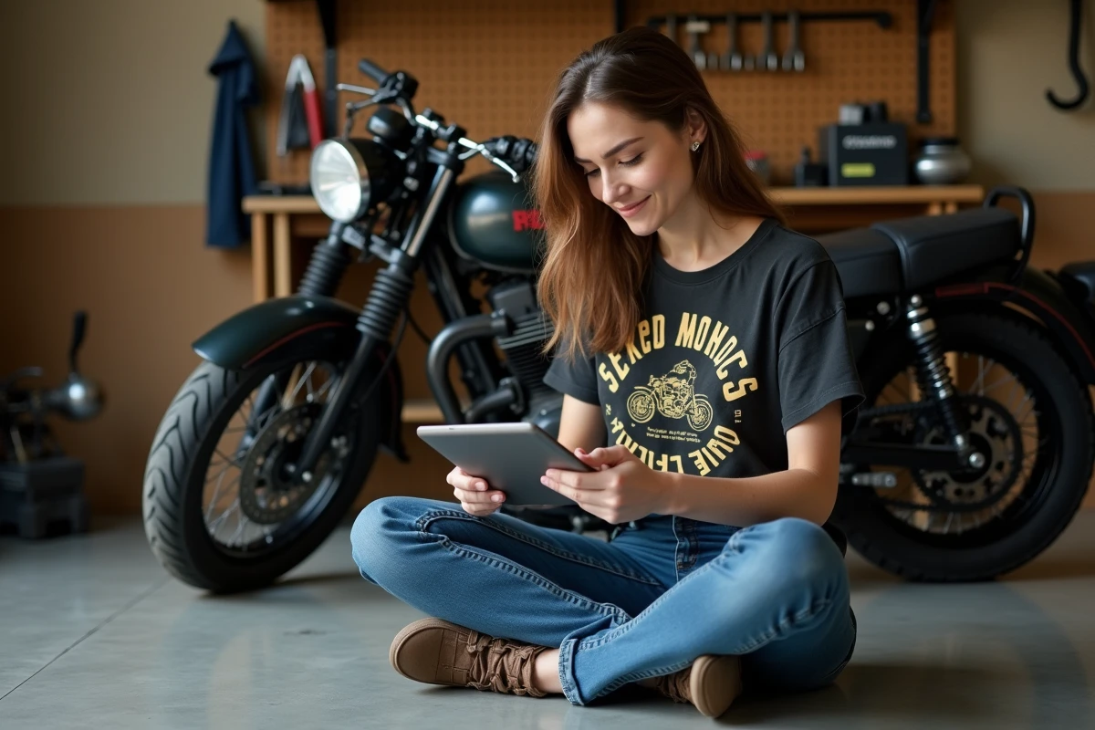 Femme passionnée de moto consultant un site spécialisé sur tablette dans un garage avec une moto vintage