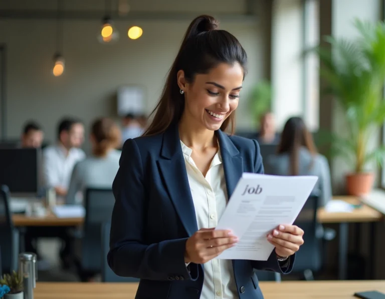 Femme professionnelle d'origine sud-asiatique consultant des offres d'emploi inclusives dans un espace de co-working moderne